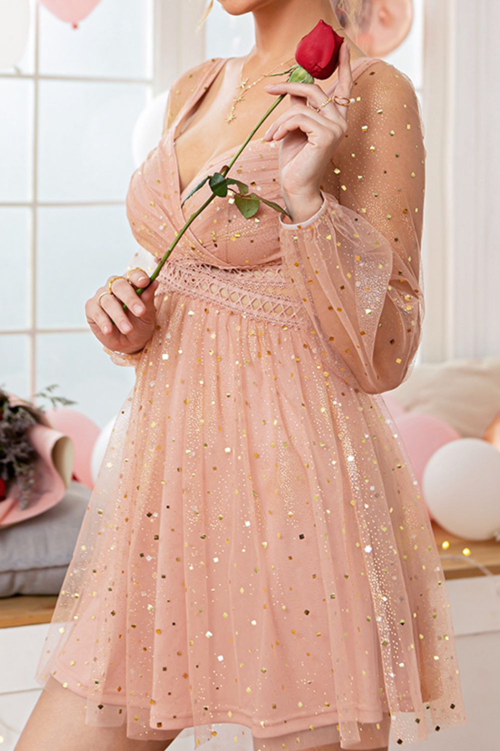 Glitter Ruched Mesh Sleeve Mini Dress