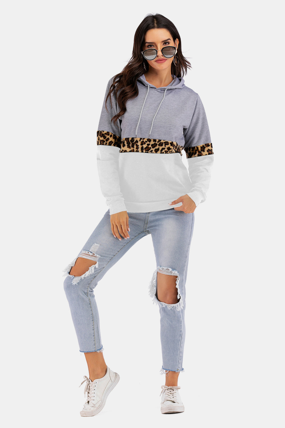 Color Block Leopard Print Drawstring Hoodie