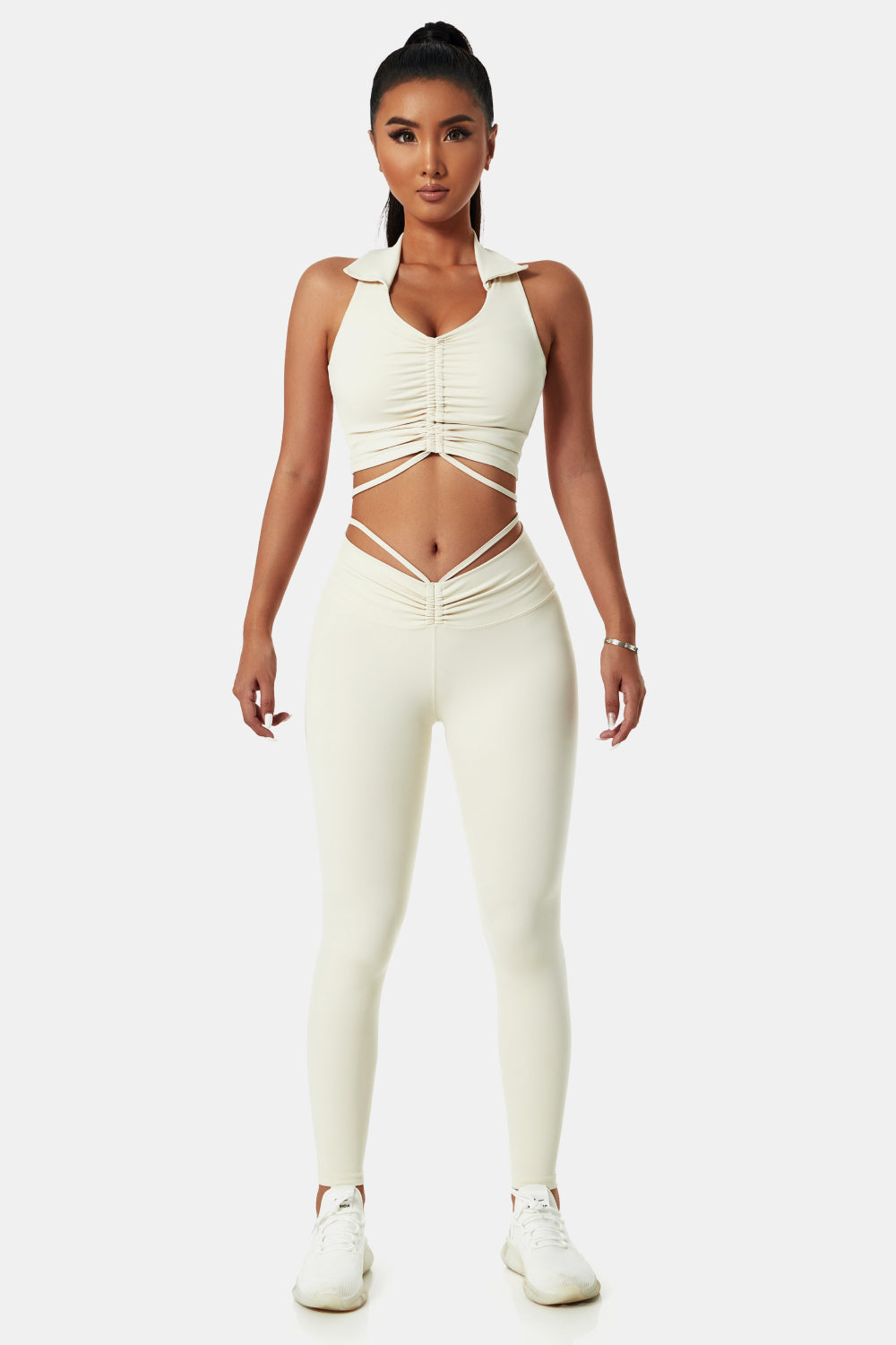 Collared Drawstring Detail Sports Bra and Leggings Set