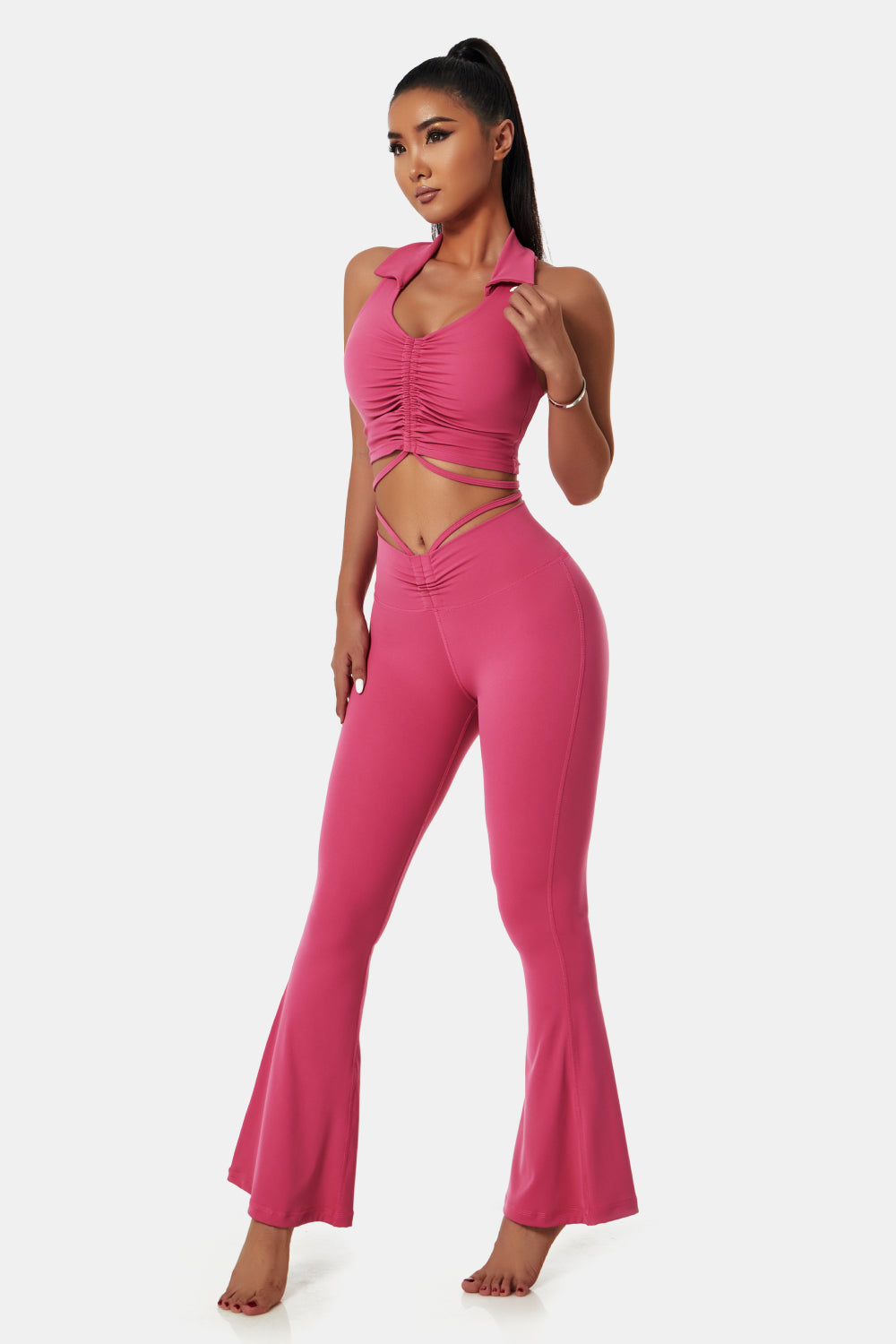 Collared Sports Bra and Flare Yoga Pants Set