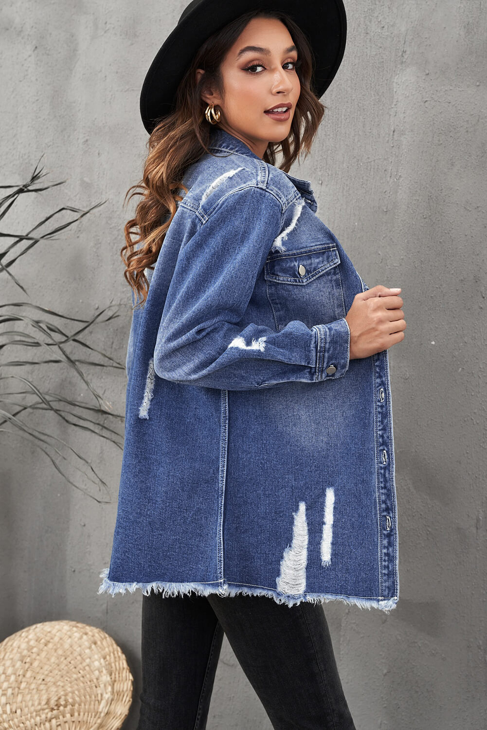 Distressed Raw Hem Denim Jacket with Pockets