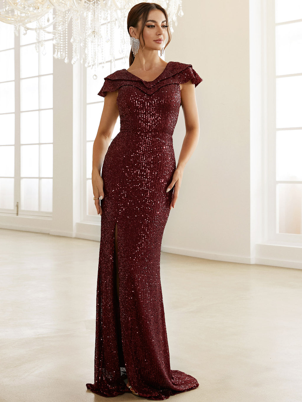 Sequin Capped Sleeve Split Dress