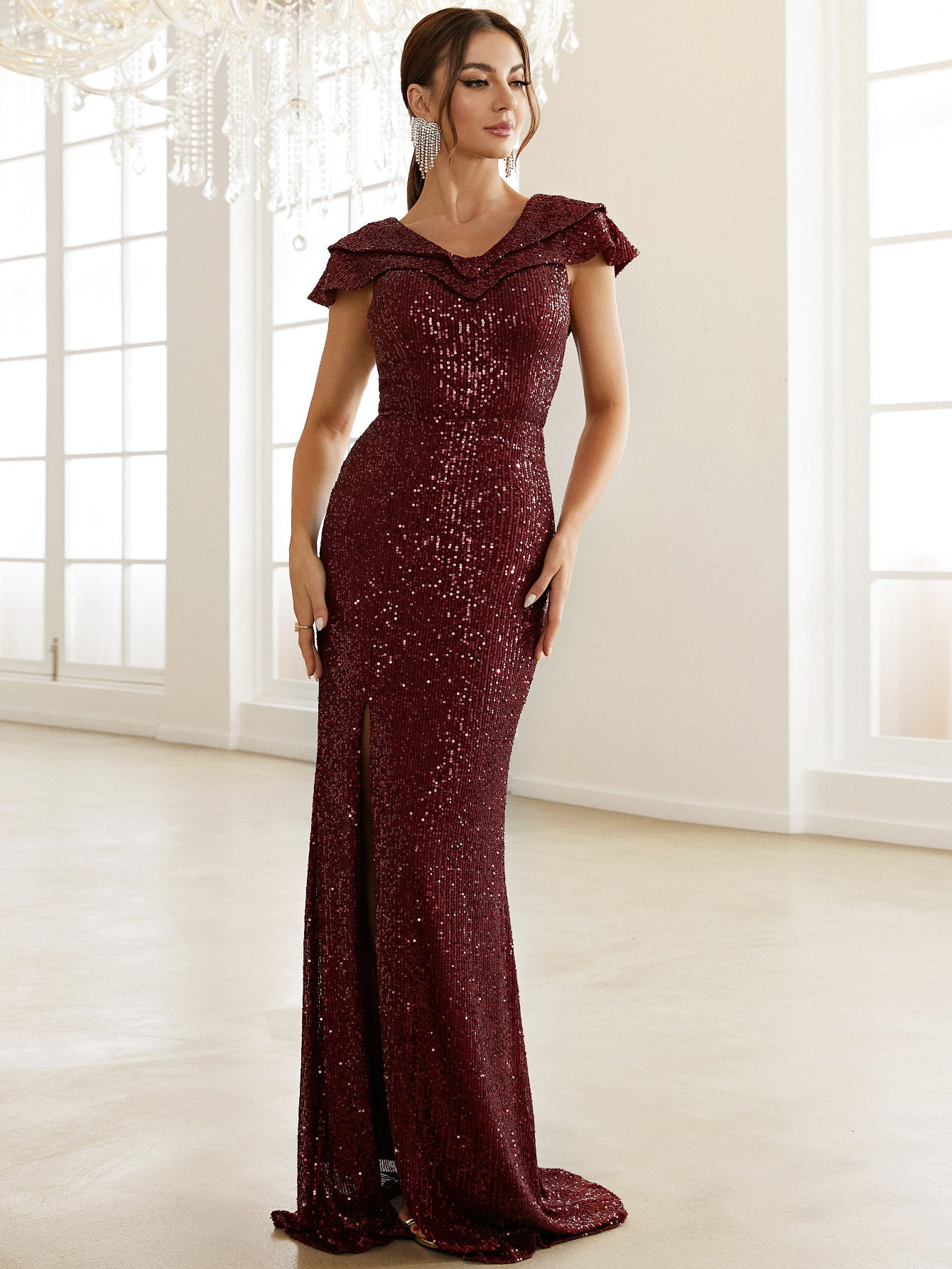 Sequin Capped Sleeve Split Dress