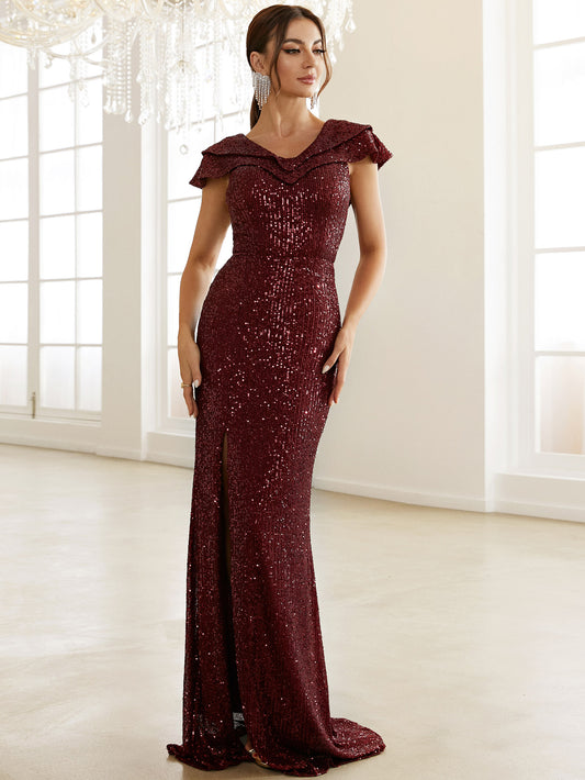 Sequin Capped Sleeve Split Dress