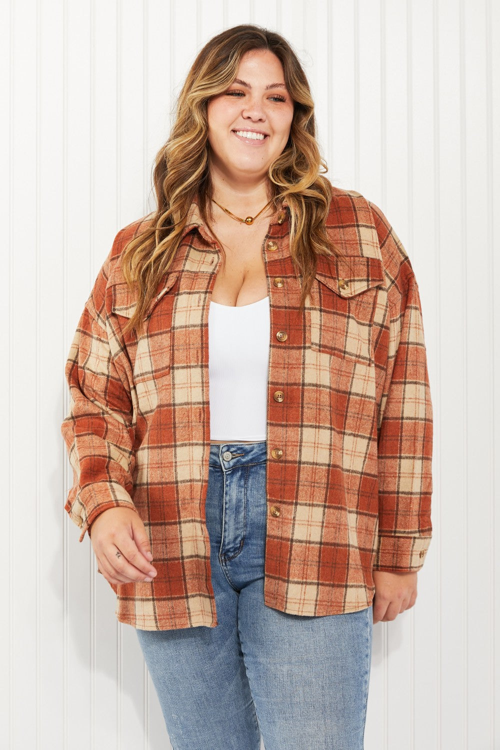 Haptics Pumpkin Pie Full Size Plaid Longline Shacket