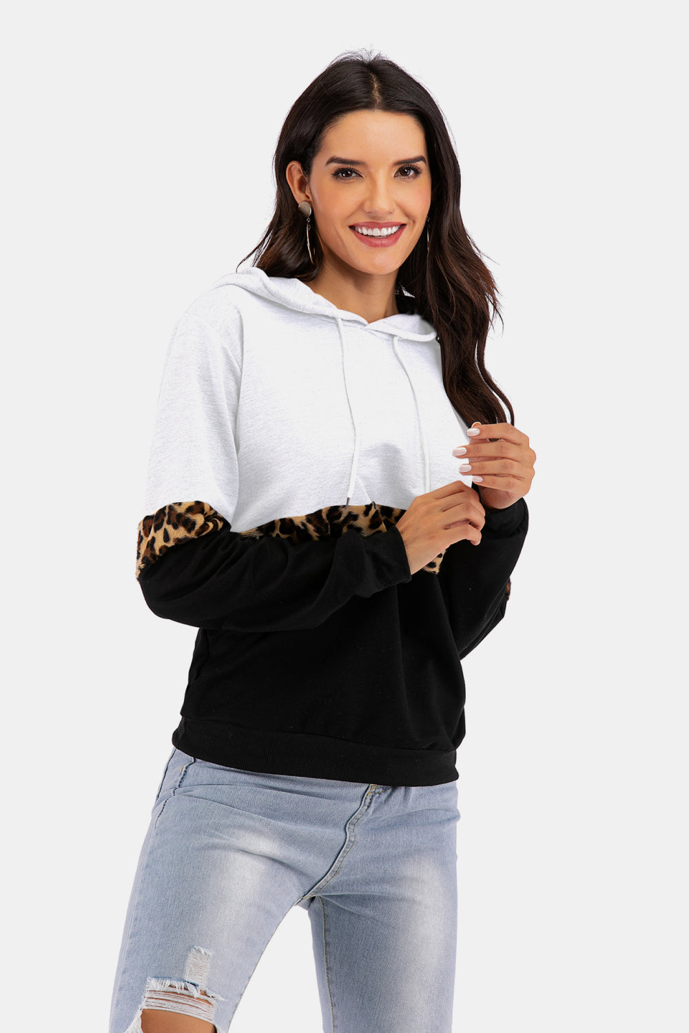 Color Block Leopard Print Drawstring Hoodie