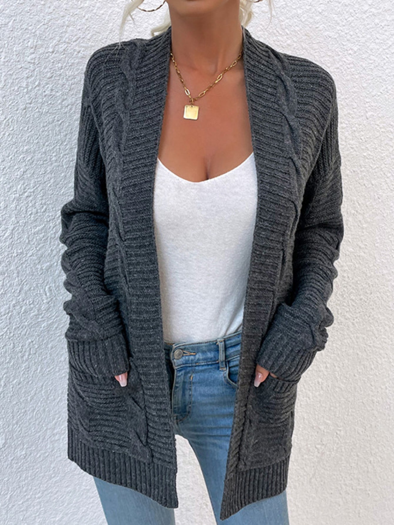 Cable-Knit Open Front Cardigan with Pockets