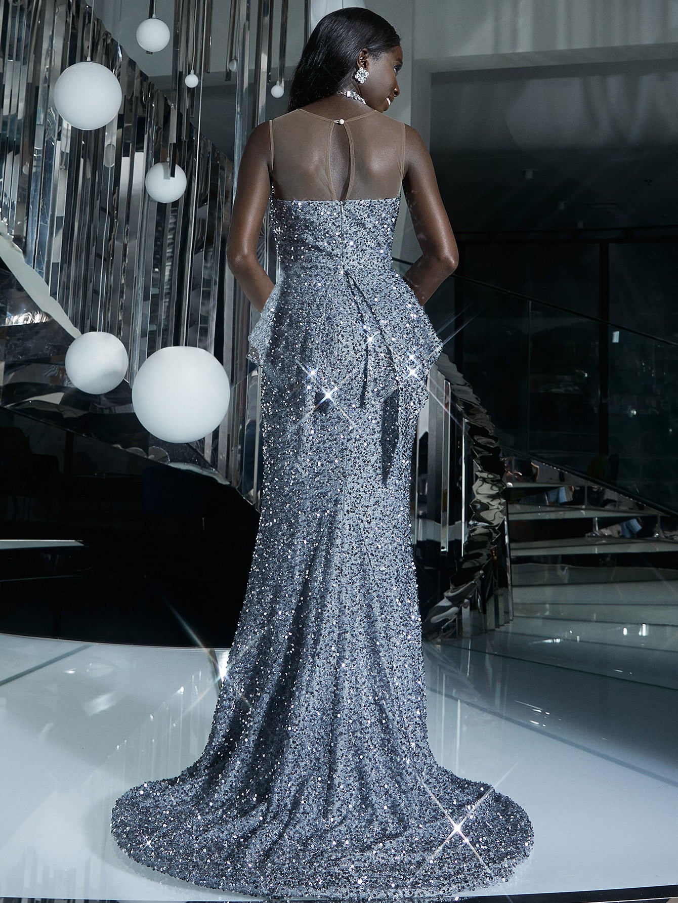 Sequin Spliced Mesh Peplum Dress