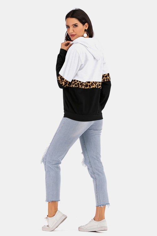 Color Block Leopard Print Drawstring Hoodie