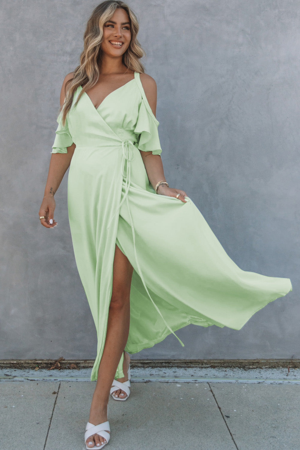 Cold Shoulder Flutter Sleeve Surplice Maxi Dress