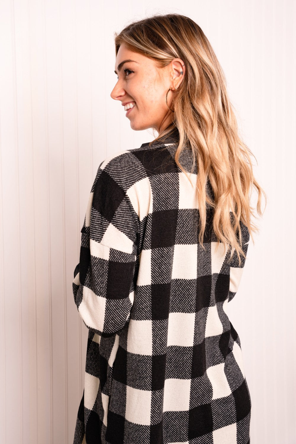 Heimish Full Size Plaid Open Front Dropped Shoulder Top