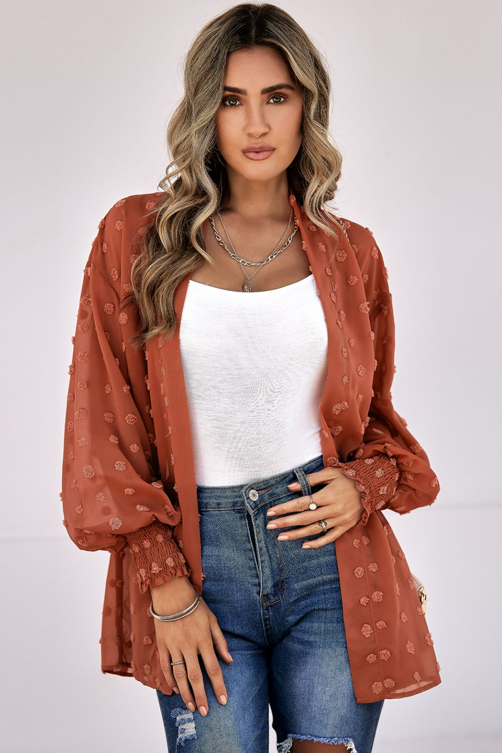 Swiss Dot Smocked Cuff Open Front Sheer Top