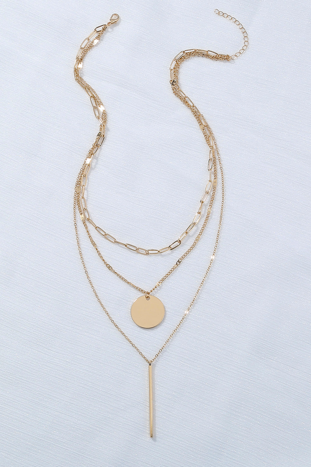 Bar and Circle Pendant Triple-Layered Necklace