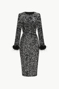 Sequin Round Neck Feather Trim Slit Dress