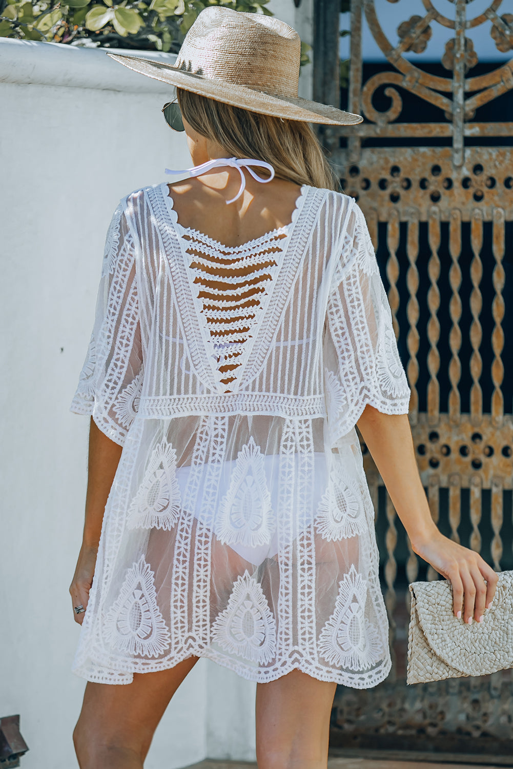 Embroidered Plunge Mesh Cover Up
